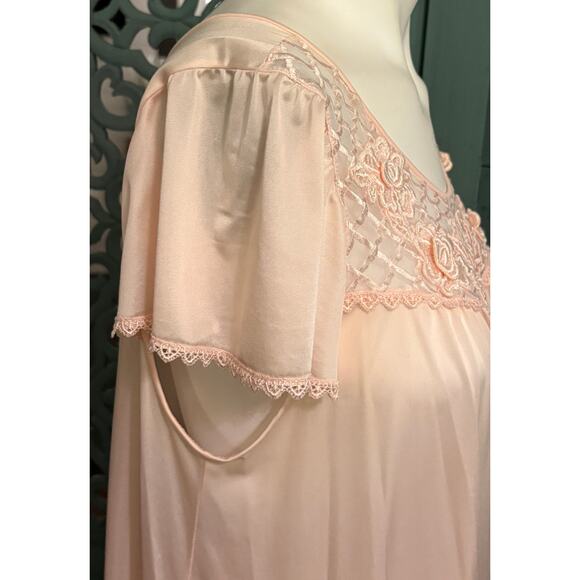 Women's Vintage Shadow Line Long Negligee-Apricot-Rose Applique-Flutter Sleeve-M - Picture 4 of 6